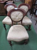 3 upholstered seat mahogany dining chairs. Estimate £30-50.