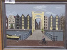 Painting of a Dutch canal scene by D Bakker. Estimate £10-20.