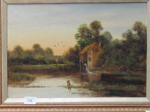 2 ornate framed oil on boards of mill & river scenes. Estimate £20-30.