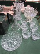 6 Irish crystal wine glasses, 6 glass dishes, 2 cut glass bowls, cut glass vase & glass table