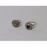 A 9ct gold & silver red & clear stone cluster ring, 2.4gms & a clear stone cluster ring,