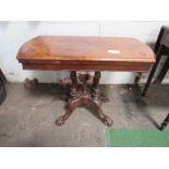 Victorian fold-over card table on 4 turned supports, 90cms x 90cms x 68cms. Estimate £40-60.
