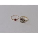 14ct gold ring with hexagonal setting of Cz's, size P & a 9ct ruby ring, size P. Estimate £50-60.