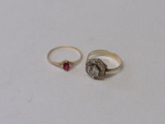 14ct gold ring with hexagonal setting of Cz's, size P & a 9ct ruby ring, size P. Estimate £50-60.