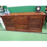 Hardwood sideboard with 3 central drawers & cupboards with lattice work doors to end, 78cms x