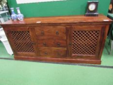 Hardwood sideboard with 3 central drawers & cupboards with lattice work doors to end, 78cms x