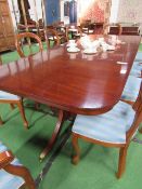 Mahogany extending twin pedestal dining table, 261cms (open) x 112cms x 77cms. Estimate £50-80.