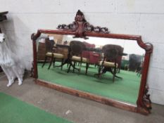 Large mahogany over mantle mirror with carved crest & applied casting to corners, 176cms x 7cms x