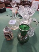 Cut glass bowl, 2 decanters, small Stein & green glass vase. Estimate £5-10.