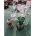 Cut glass bowl, 2 decanters, small Stein & green glass vase. Estimate £5-10.