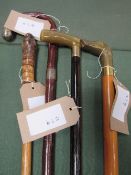 4 various walking sticks including 1 with 9ct gold ferrule, 1 with a drinking flask & 1 with a