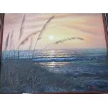 Framed oil on canvas of beach scene at sunset signed C Robertson. Estimate £10-20.