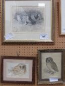 3 framed & glazed owl related prints & a framed & glazed print of a castle. Estimate £10-20.