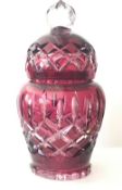 Victorian hand cut crystal cranberry-ware jar & lid without damage, 7.5 inches tall. Estimate £20-