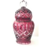 Victorian hand cut crystal cranberry-ware jar & lid without damage, 7.5 inches tall. Estimate £20-