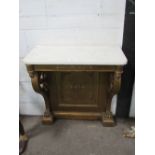 Marble top console table with gilt frame, carved scroll legs to claw feet & decorated back, 67cms