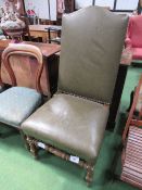 Green leather studded high back chair & 2 Victorian balloon back dining chairs. Estimate £20-30.