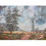 Oil on canvas of forest scene, signed F Meres. Frame size 85cms x 101cms. Estimate £20-40.