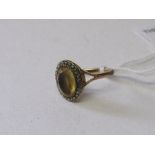 18ct gold (tested) topaz & seed pearl ring, size No. Estimate £60-70.