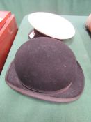 Naval-type hat, 6 7/8, gents hunting bowler hat, size 7 3/8. Estimate £5-10.