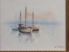 Framed oil on canvas 'Fishing Vessels' signed E Dresse. Estimate £10-20.