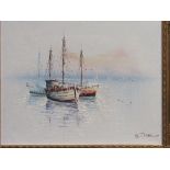 Framed oil on canvas 'Fishing Vessels' signed E Dresse. Estimate £10-20.