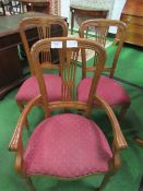 High back dining chairs with reeded front legs, 4 chairs & 2 carvers. Estimate £60-70.