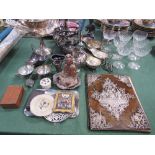 Qty of silver plated items, 7 cocktail glasses, vintage letter folder with white metal oriental