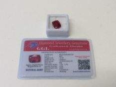 Natural red cushion cut ruby, 10.45 carat, with certificate. Estimate £50-70.