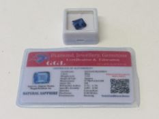 Natural blue square cut sapphire, wt 7.55 carat, with certificate. Estimate £50-70.