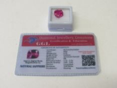 Natural pink cushion cut sapphire, wt 8.1 carat, with certificate. Estimate £50-70.