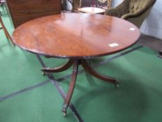 Victorian mahogany circular tilt-top table on pedestal on 4 reed legs to brass claw feet &