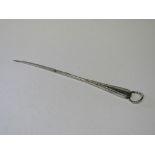 Silver plated meat skewer by Elkington & Co, length 25cms. Estimate £20-30.