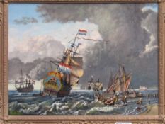 Gilt framed oil on board of galleon loading stores & a smaller gilt framed oil on board of the same,