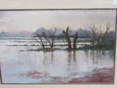 Framed & glazed pastel of wintery landscape, signed G Oliver '98. Frame size 75cms x 59cms. Estimate