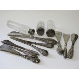 6 silver handled shoe horns, silver handled button hook, silver handled tongs & 3 silver plate