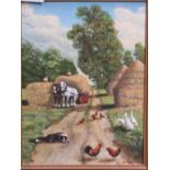 Framed oil on board 'Harvest Scene' by John Morgan. Estimate £8-10.