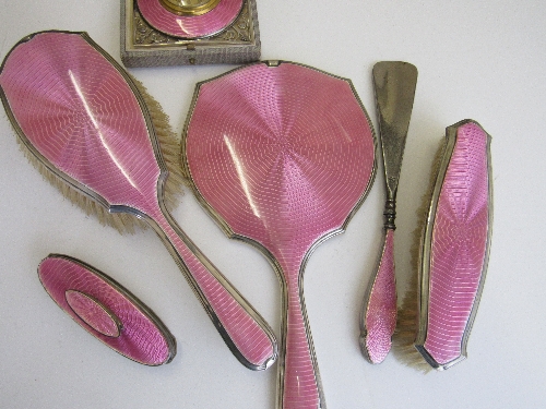 Silver & pink enamelled back dressing table set, Birmingham 1928 comprising hairbrush, mirror, - Image 3 of 4