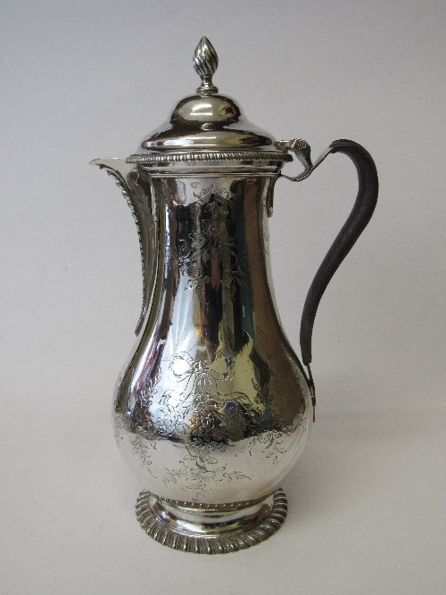 George III hallmarked silver coffee pot, engraved with flowers & swags, leather handle, by John - Image 2 of 6