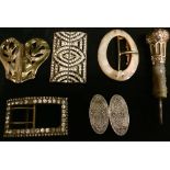 Collection of antique items including 3 sets of buckles, a parasol handle & mother of pearl items.
