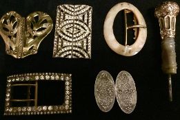 Collection of antique items including 3 sets of buckles, a parasol handle & mother of pearl items.