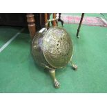Victorian brass coal scuttle in the shape of a half barrel, on 2 feet. Estimate £30-50.