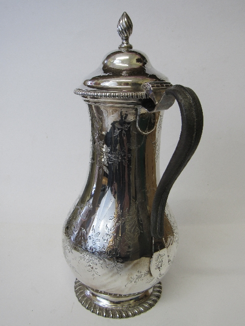 George III hallmarked silver coffee pot, engraved with flowers & swags, leather handle, by John - Image 5 of 6