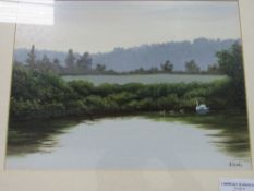 Framed & glazed river scene with swan & young by A Lewis