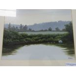 Framed & glazed river scene with swan & young by A Lewis