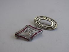 Diamond, pearl & red stone brooch on 18ct white gold, weight 5.3gms & oval contemporary silver