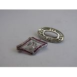 Diamond, pearl & red stone brooch on 18ct white gold, weight 5.3gms & oval contemporary silver