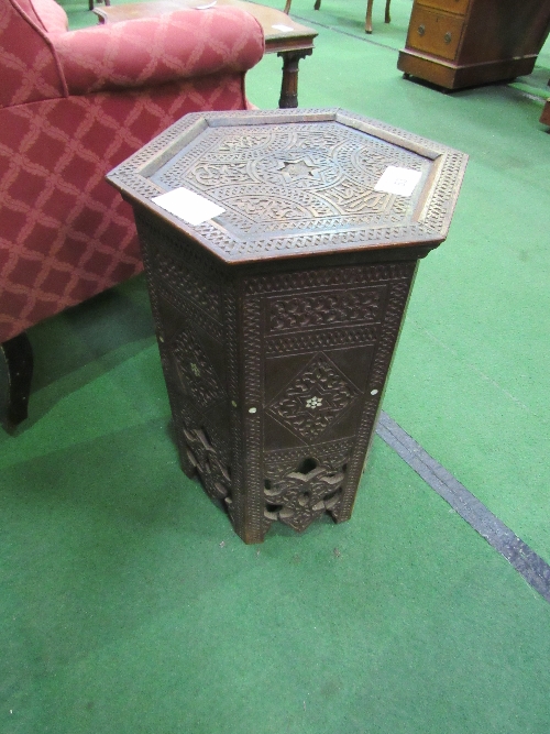 Indian hexagonal side table with mother of pearl inlay, height 54cms. Estimate £20-40. - Image 2 of 3