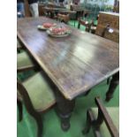 Pine table on turned legs, 226cms x 82cms x 76cms. Estimate £40-60.