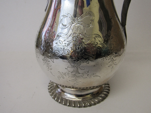 George III hallmarked silver coffee pot, engraved with flowers & swags, leather handle, by John - Image 4 of 6